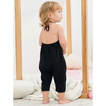 Lindanina Slouch Jumpsuit for Toddlers Harem Strap Romper Little Girls Backless Halter Playsuit with Pockets Cute Solid One Piece(Black, 4-5T)
