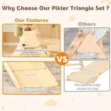 KIDHABE 3 in 1 Handled Pikler Triangle Set with 41in Slide & Ramp, Foldable Montessori Climbing Set, Wooden Climbing Toy for Toddler Indoor Baby Climbing Gym