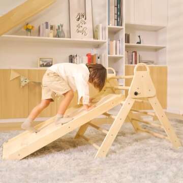KIDHABE 3 in 1 Handled Pikler Triangle Set with 41in Slide & Ramp, Foldable Montessori Climbing Set, Wooden Climbing Toy for Toddler Indoor Baby Climbing Gym