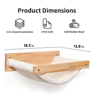 FUKUMARU Cat Hammock Wall Mounted, 18 x 14 in Cats Beds and Perches, Wooden Kitten Walls Furniture, Larger Version Shelves with Extra Cloth, Suitable for 16 inch Drywall Installation