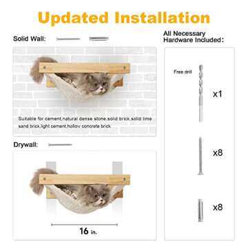 FUKUMARU Cat Hammock Wall Mounted, 18 x 14 in Cats Beds and Perches, Wooden Kitten Walls Furniture, Larger Version Shelves with Extra Cloth, Suitable for 16 inch Drywall Installation
