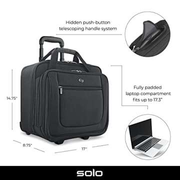 Solo New York Bryant Rolling Laptop Bag with Wheels,Fits Up to 17.3-Inch Laptop,Travel Friendly Wheeled Briefcase for Women and Men with Telescoping Handle, Black, 14" x 16.8" x 5" (PT136-4)