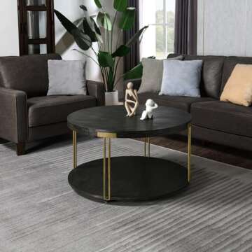 Biaco Round 35 inch Coffee Table with Wheels for Living Room, Modern Retro 2 Tier Circle Large Sofa ...