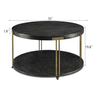 Biaco Round 35 inch Coffee Table with Wheels for Living Room, Modern Retro 2 Tier Circle Large Sofa Table, Industrial Center Accent Furniture, Wooden Textured Top & Antiqued Golden Metal Legs,Black
