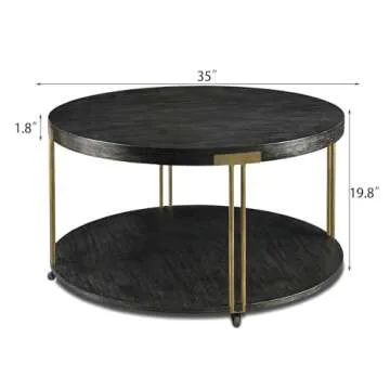 Biaco Round 35 inch Coffee Table with Wheels for Living Room, Modern Retro 2 Tier Circle Large Sofa Table, Industrial Center Accent Furniture, Wooden Textured Top & Antiqued Golden Metal Legs,Black