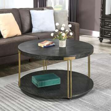 Biaco Round 35 inch Coffee Table with Wheels for Living Room, Modern Retro 2 Tier Circle Large Sofa Table, Industrial Center Accent Furniture, Wooden Textured Top & Antiqued Golden Metal Legs,Black