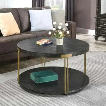 Biaco Round 35 inch Coffee Table with Wheels for Living Room, Modern Retro 2 Tier Circle Large Sofa Table, Industrial Center Accent Furniture, Wooden Textured Top & Antiqued Golden Metal Legs,Black