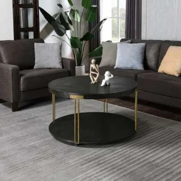 Biaco Round 35 inch Coffee Table with Wheels for Living Room, Modern Retro 2 Tier Circle Large Sofa Table, Industrial Center Accent Furniture, Wooden Textured Top & Antiqued Golden Metal Legs,Black