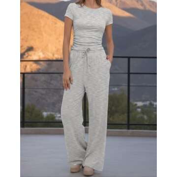 Cnlinkco Airplane Travel Outfits For Women Outfits for Women 2 Piece Sets Summer Lounge Matching Set Slim Fit Tops Wide Leg Pants womens fashion 2025 Loungewear Casual Tracksuit Light Grey Medium