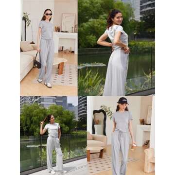 Cnlinkco Airplane Travel Outfits For Women Outfits for Women 2 Piece Sets Summer Lounge Matching Set Slim Fit Tops Wide Leg Pants womens fashion 2025 Loungewear Casual Tracksuit Light Grey Medium