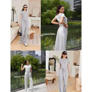 Cnlinkco Airplane Travel Outfits For Women Outfits for Women 2 Piece Sets Summer Lounge Matching Set Slim Fit Tops Wide Leg Pants womens fashion 2025 Loungewear Casual Tracksuit Light Grey Medium