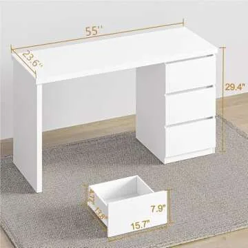 furtble White Desk with Drawers, 53'' W Home Office Computer Desk Gaming Table, Modern Vanity Desk with Storage, Wood Writing Workstation for Bedroom, Living Room