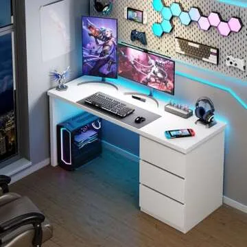 furtble White Desk with Drawers, 53'' W Home Office Computer Desk Gaming Table, Modern Vanity Desk with Storage, Wood Writing Workstation for Bedroom, Living Room