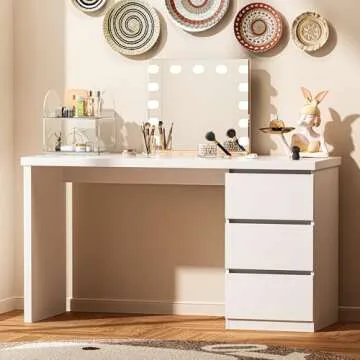 furtble White Desk with Drawers, 53'' W Home Office Computer Desk Gaming Table, Modern Vanity Desk with Storage, Wood Writing Workstation for Bedroom, Living Room