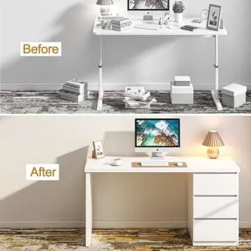 furtble White Desk with Drawers, 53'' W Home Office Computer Desk Gaming Table, Modern Vanity Desk with Storage, Wood Writing Workstation for Bedroom, Living Room