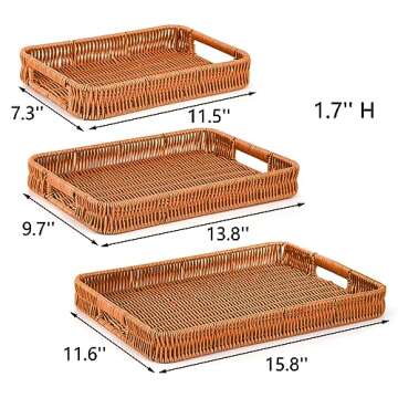 Yarlung 3 Pack Woven Baskets Serving Trays with Handles, Poly Wicker Bread Baskets Rectangular Platters for Fruit, Vegetables, Breakfast, Drinks, Snacks, Dining Coffee Table, 3 Sizes