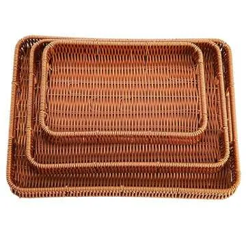 Yarlung 3 Pack Woven Baskets Serving Trays with Handles, Poly Wicker Bread Baskets Rectangular Platters for Fruit, Vegetables, Breakfast, Drinks, Snacks, Dining Coffee Table, 3 Sizes