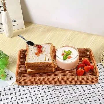 Yarlung 3 Pack Woven Baskets Serving Trays with Handles, Poly Wicker Bread Baskets Rectangular Platters for Fruit, Vegetables, Breakfast, Drinks, Snacks, Dining Coffee Table, 3 Sizes