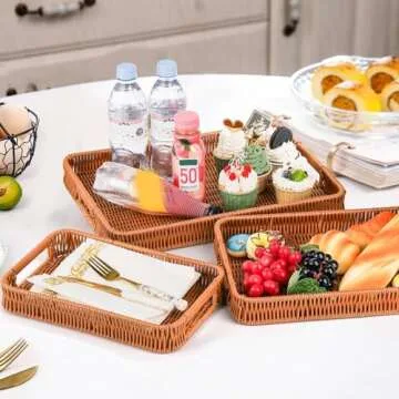 Yarlung 3 Pack Woven Baskets Serving Trays with Handles, Poly Wicker Bread Baskets Rectangular Platters for Fruit, Vegetables, Breakfast, Drinks, Snacks, Dining Coffee Table, 3 Sizes
