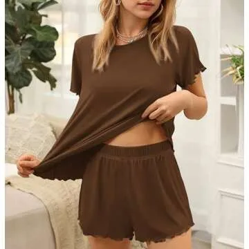 Ekouaer Womens Pajamas 2 Piece Ribbed Knit Pjs Short Sleeve Sleepwear Set Summer Soft Pajamas Set Casual Lounge Sets Brown L