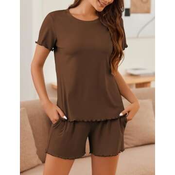 Ekouaer Womens Pajamas 2 Piece Ribbed Knit Pjs Short Sleeve Sleepwear Set Summer Soft Pajamas Set Casual Lounge Sets Brown L