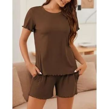 Ekouaer Womens Pajamas 2 Piece Ribbed Knit Pjs Short Sleeve Sleepwear Set Summer Soft Pajamas Set Casual Lounge Sets Brown L