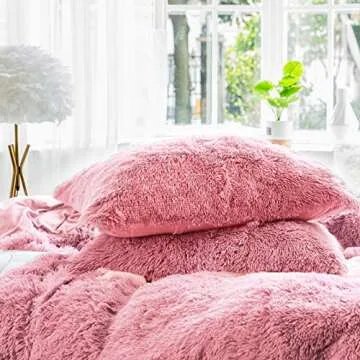 JOYPOINT 3 PC Plush Shaggy Duvet Cover Set Luxury Ultra Soft Crystal Velvet Bedding Sets£¨1 Faux Fur Duvet Cover + 3 Faux Fur Pillowcases,Zipper Closure(Queen£¬Candy Pink)