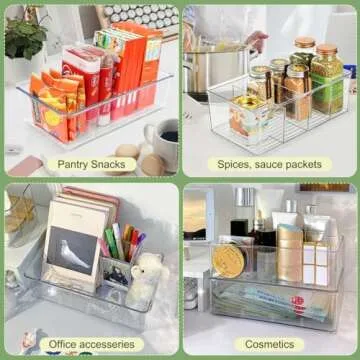 ZIZOTI 8 Pack Food Pantry Organization and Storage Bins,Plastic Clear Removable Snack Organizer Racks w 3 Dividers, Great for Organize Packets, Spices, Pouches Stackable Fridge Kitchen, Cabinets