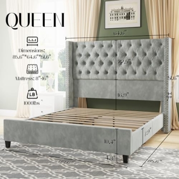 Elegant Velvet Queen Bed Frame with Wingback Design