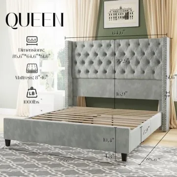 Elegant Velvet Queen Bed Frame with Wingback Design