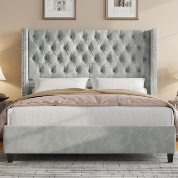 Elegant Velvet Queen Bed Frame with Wingback Design