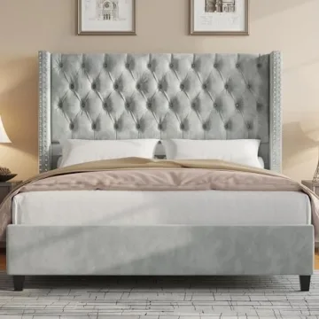 Elegant Velvet Queen Bed Frame with Wingback Design