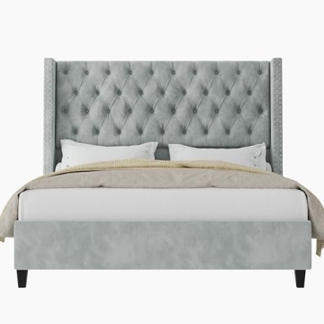Elegant Velvet Queen Bed Frame with Wingback Design