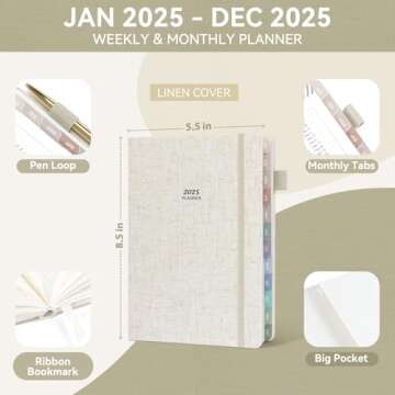 Getink 2025 Linen cover Planner Weekly & Monthly Daily Agenda Book,2025-2026 To Do List Notebook with Colorful Monthly Tabs, Inner Pocket, Elastic Closure, Thick Paper(Beige,5.5 * 8.5)