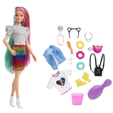 Barbie Doll Leopard Rainbow Hair with Color-Change Highlights & 16 Styling Accessories Including Clo...