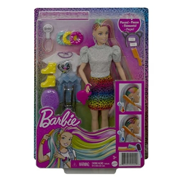 Barbie Leopard Rainbow Hair Doll with Color-Changing Highlights