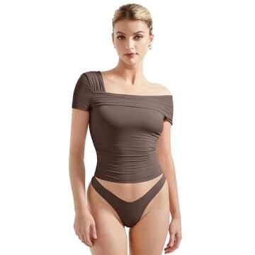 SUUKSESS Women One Off The Shoulder Summer Going Out Tank Tops Ruched Double Lined Casual Short Sleeve Shirts (Brown,M)