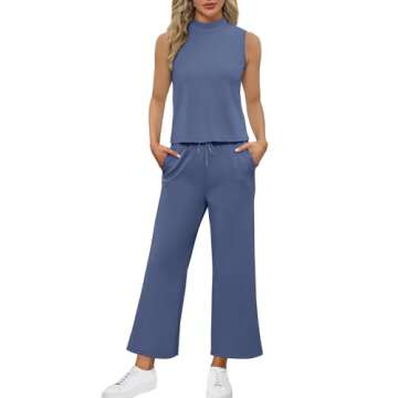 SAMPEEL Summer Outfits for Women Two Piece Set Casual Wide Leg Pants Vacation Lounge Sets Travel Airport Outfits Trending Airport Outfits 2024 Blue M