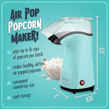 Nostalgia Hot-Air Electric Popcorn Maker, 12 Cups, Healthy Oil Free Popcorn with Measuring Scoop, Aqua