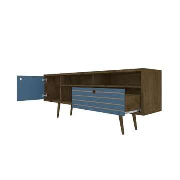 Manhattan Comfort Liberty Mid Century Modern TV Stand for Televisions up to 65 Inches, Bedroom and Living Room Entertainment Center with Storage, Shelves, and Cabinet, 71" Wide, Rustic Brown/Aqua