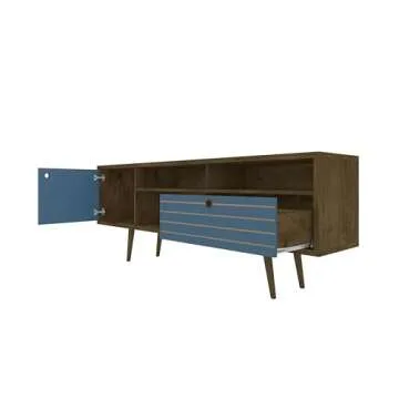 Manhattan Comfort Liberty Mid Century Modern TV Stand for Televisions up to 65 Inches, Bedroom and Living Room Entertainment Center with Storage, Shelves, and Cabinet, 71" Wide, Rustic Brown/Aqua