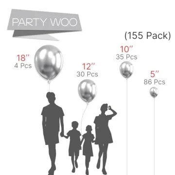 PartyWoo Metallic Silver Balloons - 155 pcs for Any Event