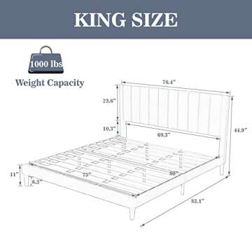 Allewie King Platform Bed Frame/Velvet Upholstered Bed Frame with Vertical Channel Tufted Headboard/...