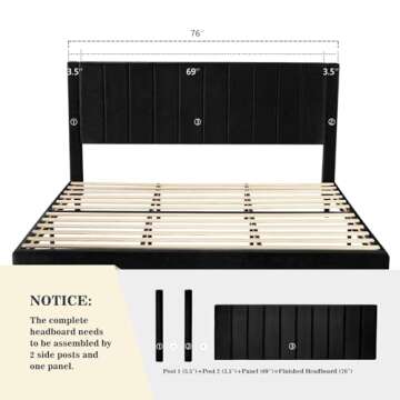 Allewie King Platform Bed Frame/Velvet Upholstered Bed Frame with Vertical Channel Tufted Headboard/Strong Wooden Slats/Mattress Foundation/Box Spring Optional/Easy Assembly/Black