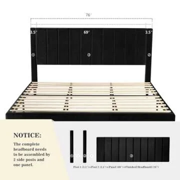 Allewie King Platform Bed Frame/Velvet Upholstered Bed Frame with Vertical Channel Tufted Headboard/Strong Wooden Slats/Mattress Foundation/Box Spring Optional/Easy Assembly/Black
