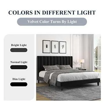 Allewie King Platform Bed Frame/Velvet Upholstered Bed Frame with Vertical Channel Tufted Headboard/Strong Wooden Slats/Mattress Foundation/Box Spring Optional/Easy Assembly/Black