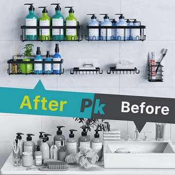 PLOOHT Shower Caddy 6 Pack, 13in Large Capacity Shower Organizer, Sturdy Adhesive Shower Shelf for Inside Shower, Rustproof Stainless Steel Shower Shelves with 10 Hooks