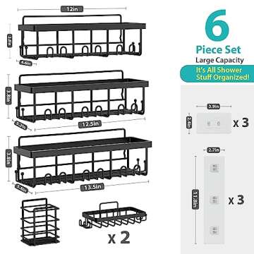 PLOOHT Shower Caddy 6 Pack, 13in Large Capacity Shower Organizer, Sturdy Adhesive Shower Shelf for Inside Shower, Rustproof Stainless Steel Shower Shelves with 10 Hooks