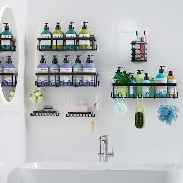 PLOOHT Shower Caddy 6 Pack, 13in Large Capacity Shower Organizer, Sturdy Adhesive Shower Shelf for Inside Shower, Rustproof Stainless Steel Shower Shelves with 10 Hooks