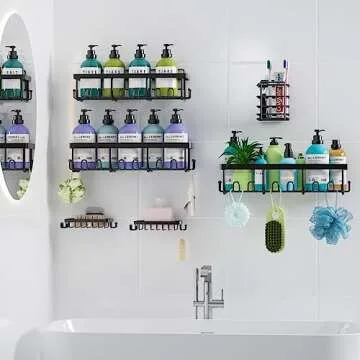 PLOOHT Shower Caddy 6 Pack, 13in Large Capacity Shower Organizer, Sturdy Adhesive Shower Shelf for Inside Shower, Rustproof Stainless Steel Shower Shelves with 10 Hooks